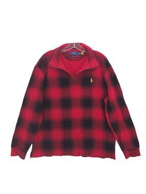 POLO RALPH LAUREN Estate Rib 1/4 Zip Pullover Black Red Plaid Yellow Pony LARGE